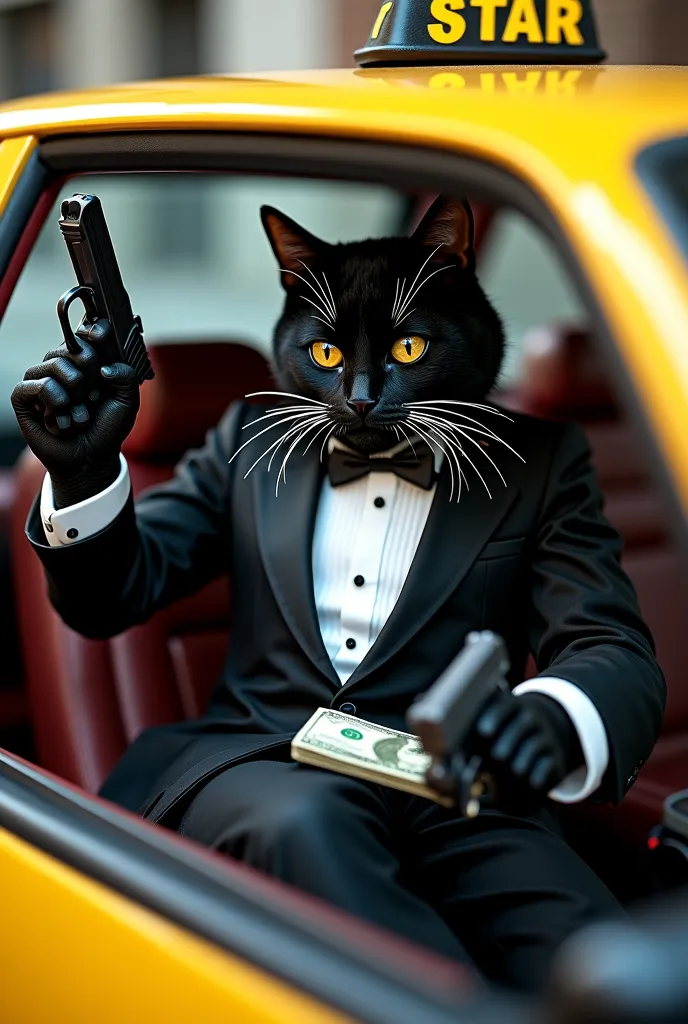 Sarman cat tuxedo breed cat has guns and cigarettes next to him, counting money driving a yellow taxi 