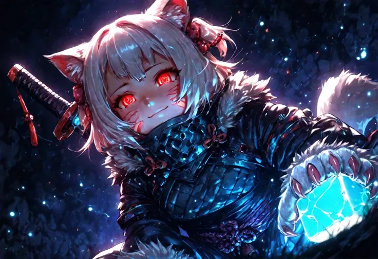 1girl, Solo, Animal Ears,Cat Ears, Sitting on a glowing cube, (blue light),Cat claw gloves,paw,((low view)),Katana behind the waist, Sharp focus,(detailed face and eyes:1.5), Dutch angle,(low view),