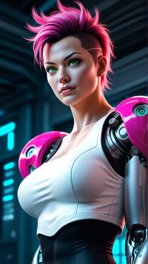  A 3D anime style woman with pink punk hair and green eyes, white robotic chest and robotic arm. cybernetic laboratory background. ((3/4 body image)), body looking forward