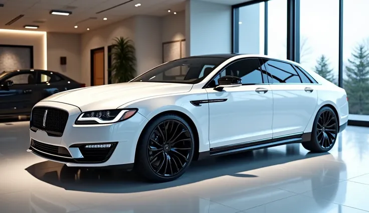 2025 Lincoln MKZ ) front side view white colour in the showroom.The side plate reads ( Lincoln MKZ)View highlighted.