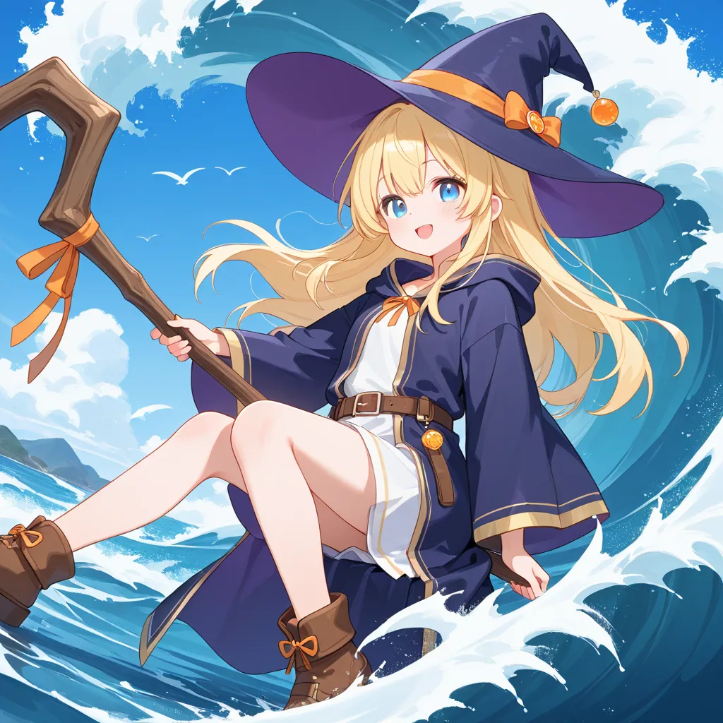 one girl、long blond hair with waves、wizard robe、 witch hat 、Hold your walking stick、Summit、A dragon is flying above the girl's head