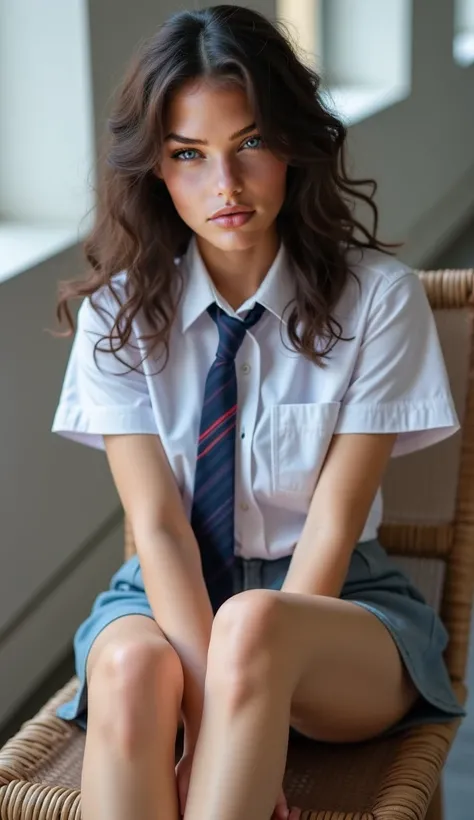  High school life、high school uniform:1.2 、1 Female、 European high school girl 、Super beautiful、Facial beauty、18 years old、 model、Full body shot、her gaze is looking at the camera 、 Sitting with legs apart、 open leg pose like Sharon Stone、Spreading legs、Ope...