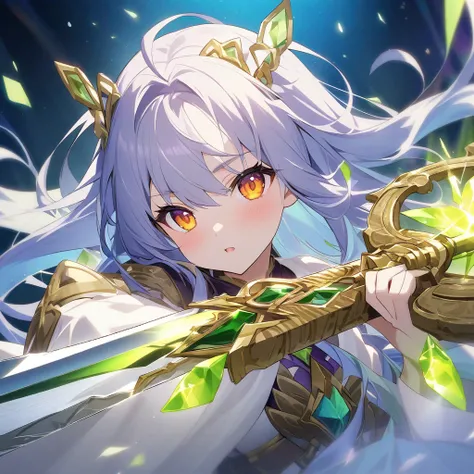 Cang、Purple、is an ancient treasure sword with a yellow-green crystal built into it「CRYCHICAL BLADE」She is a 16-year-old female warrior who fights with her right hand and、「Crystal Powered Walküre」The true leader of。Her appearance is sky blue hair、 amber eye...