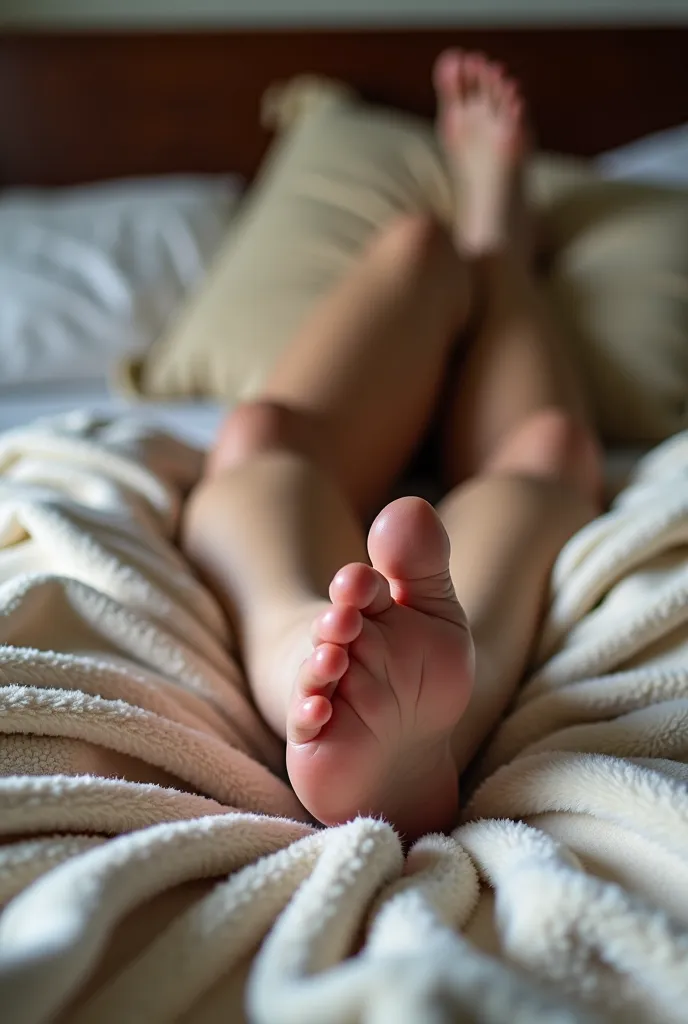 someone is laying on a bed with their feet on a pillow, a picture inspired by Victorine Foot, reddit, hyperrealism, very comfy], her foot sticking out, very close up foot shot, close-up on legs, lying on a fuzzy blanket, detailed shot legs-up, thighs close...