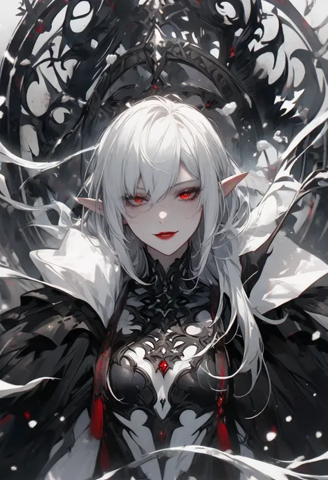 Create a woman with dark armor, her skin is pale as the whitest snow, her hair as dark as the darkest night, Red Eyes, pointy ears, protected and defined body, she has an evil smile on her lips