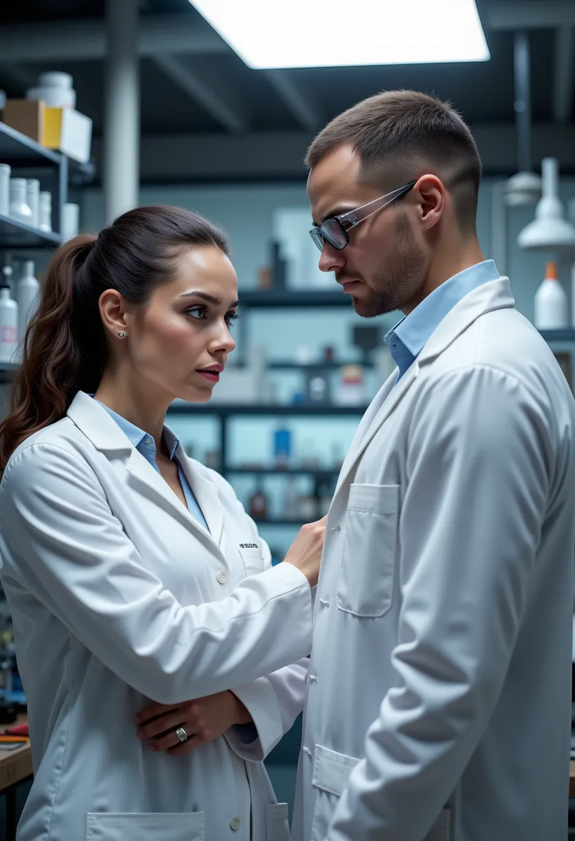 arafed woman looking at a man  in a laboratory  coat, stood  in a laboratory , Scientists,  experimenting in her science lab ,  in a laboratory ,  in a laboratory oratory,  working in his science laboratory , serious and focused look, From a movie , DNA ex...