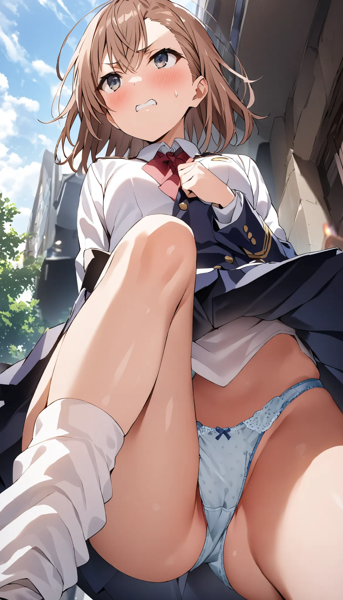 masterpiece,　Best Quality、girl showing angry face panties、In town、eyes looking up from below、  nothing ,  Misaka Mikoto　beautiful legs　 thin legs　 Misaka Mikoto's uniform　 high school student　Super amazing skin　 white loose socks　In town　 pure 