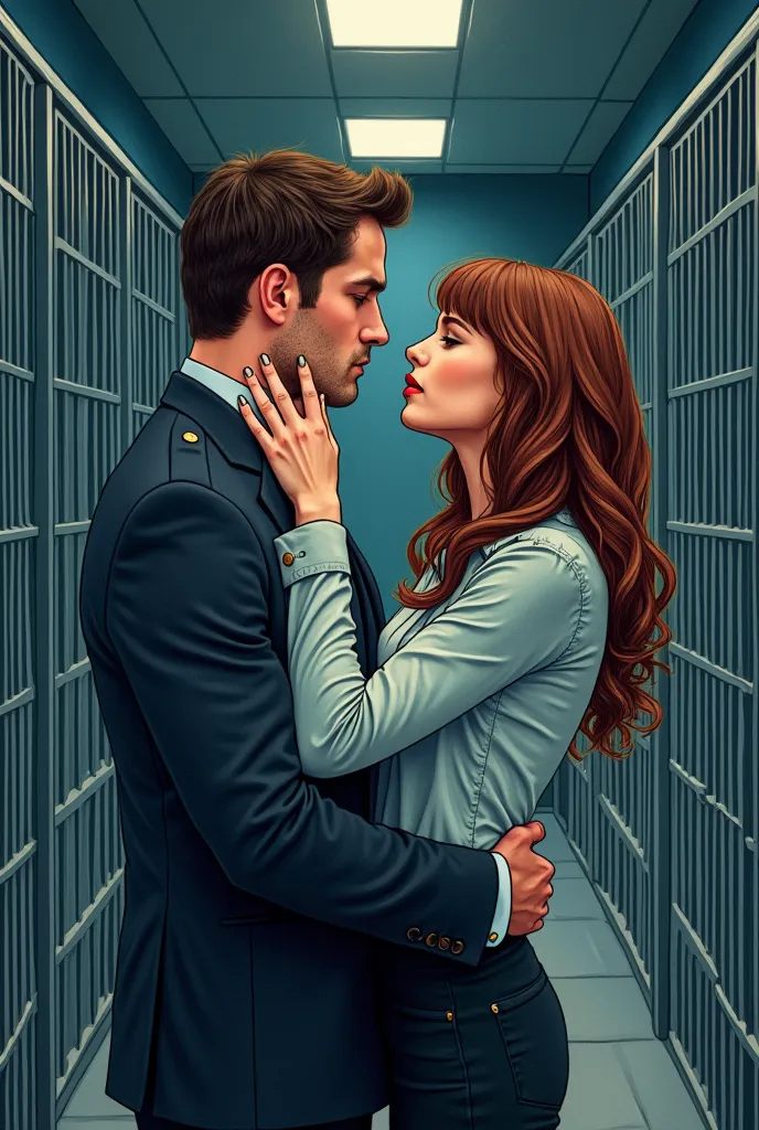 Masterpiece illustration-style drawing of a police station with empty cells and a couple in love. He is a strong handsome delegate, Similar to Nick Barteman's character Ian Hunter, he is looking at her and her mouth with a passionate look, holding her hand...