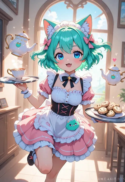 "AnimeArtsDreamy, cheerful cat-girl with fluffy ears, running a floating café in the sky. She wears a frilly pastel maid dress, carrying a tray with cute star-shaped cookies and a steaming pink teacup. The café floats on a tiny magical island surrounded by...