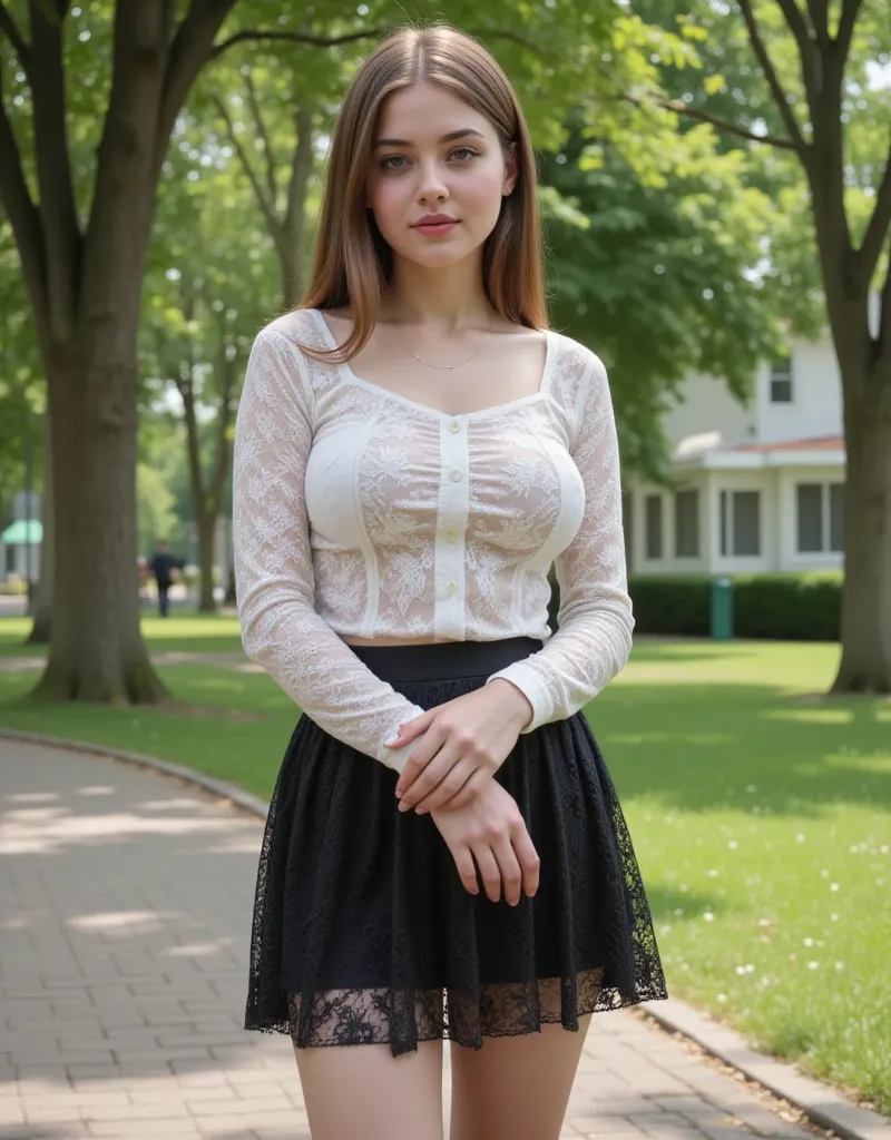  Une très belle jeune fille de 19 ans , ASSISE SUR UN BANC DANS UN PARC, REGARDE SUR LE CÔTÉ, jersey_blouse,shy_girls_friends,elegant_lady_wearing_intricate_lace_blouse SEE THROUGH,delicate_facial_features,shy_demeanor,hands_clasped, sexy. énormes seins, d...