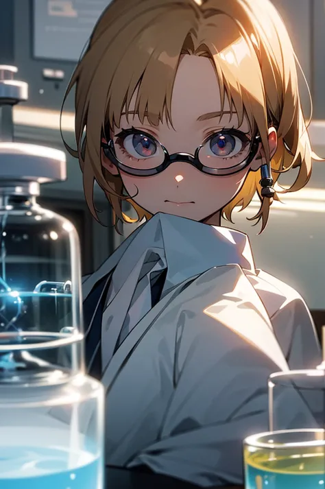 masterpiece, best quality, 1girl, Ritsuko, short blonde hair, lab coat, skirt, (at the lab doing science:1.2), 