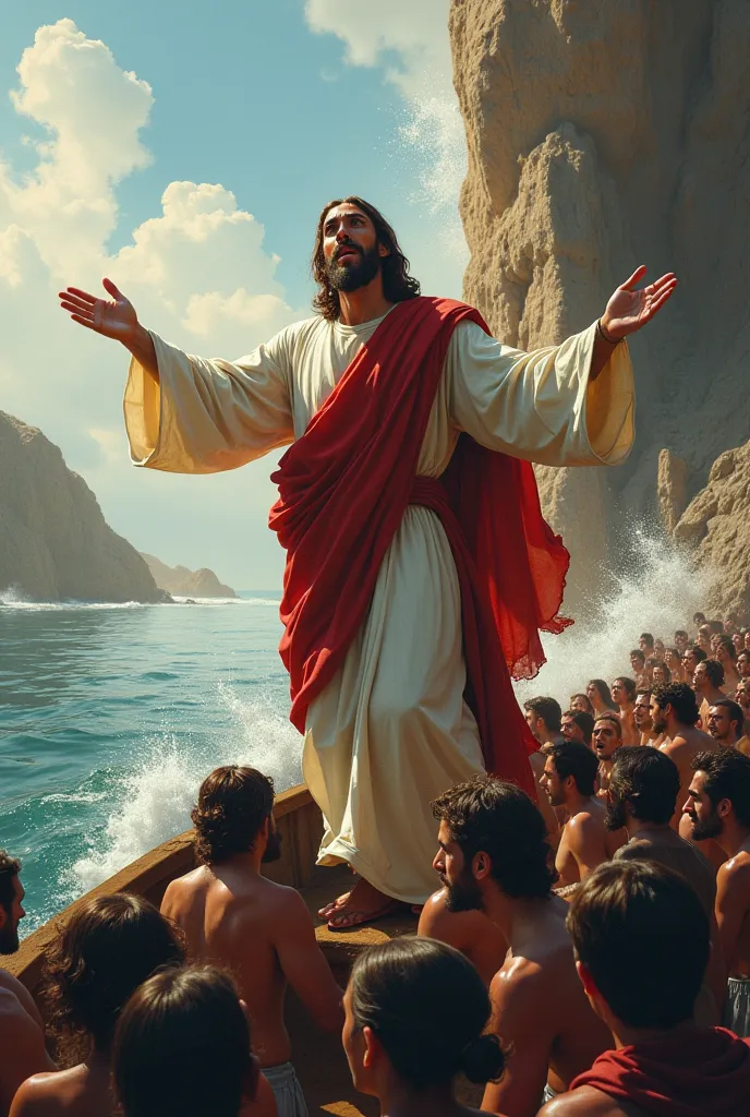 Jesus Christ, looking forward,  on a boat, Saving , a crowd of people, A rock rolling down the hill 