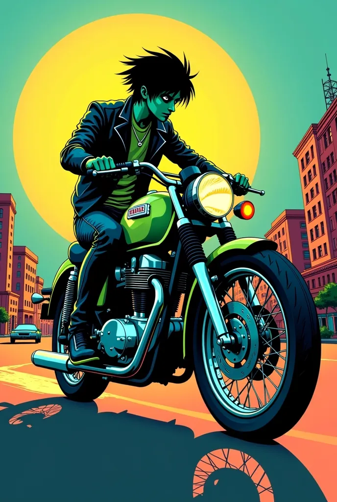 anime character riding on a motorcycle with a city in the background, gorillaz art, gorillaz style, gorillaz, 2 d gorillaz, gorillaz phase 1, gorillaz and daft punk records, gorillaz album cover, murdoc niccals, 2d from gorillaz, 2 d from gorillaz, jamie h...