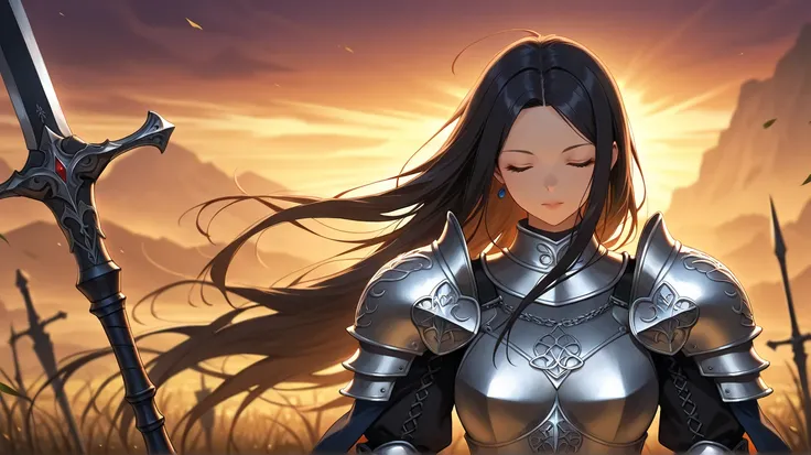 beautiful japanese anime lady, 26 years old, extreme close-up, eyes closed, heavily armed knight, celtic armor, very long black hair fluttering in the wind, high definition graphics with clear details, artistic rendering, relaxing colors, emphasis on fanta...