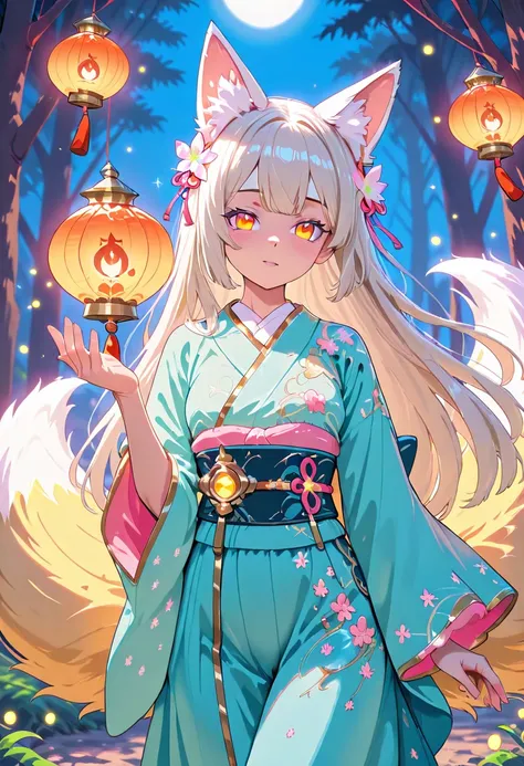 "AnimeArtsDreamy, fluffy fox-girl with nine glowing tails, wearing a pastel kimono with golden embroidery. She stands in a dreamy forest with floating lanterns and tiny star-like fireflies. Soft ethereal glow around her, warm and magical ambiance, her brig...