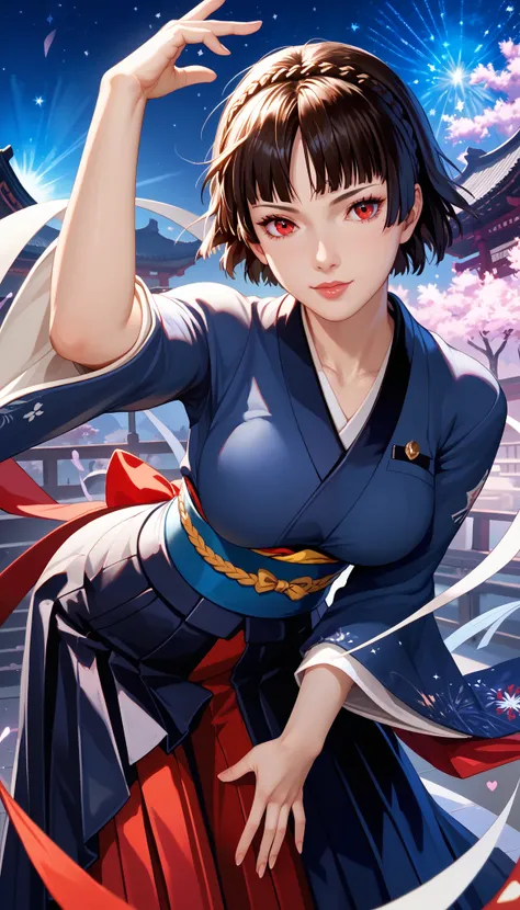 Makoto niijima,black hair, short hair, red eyes, Armpit Show, (ultra-realistic, 32K, masterpiece: 1.2), (Skin with attention to detail: 1.1), (high quality: 1.1), Unax, (heterochromia iridis: 0.8),neat fingers,detailed fingers,Detailed fingers, Detachable ...
