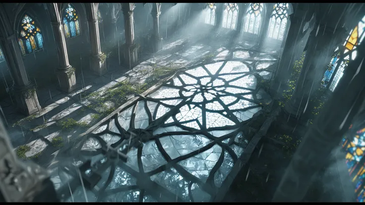 score_9, score_8_up, overhead shot, ruined church, shattered stained glass, vaulted ceiling, moss-covered stone, rain leaking through roof, water reflections, deep shadows, forgotten altar, cinematic lighting, NieR Automata, eerie silence, depth of field, ...