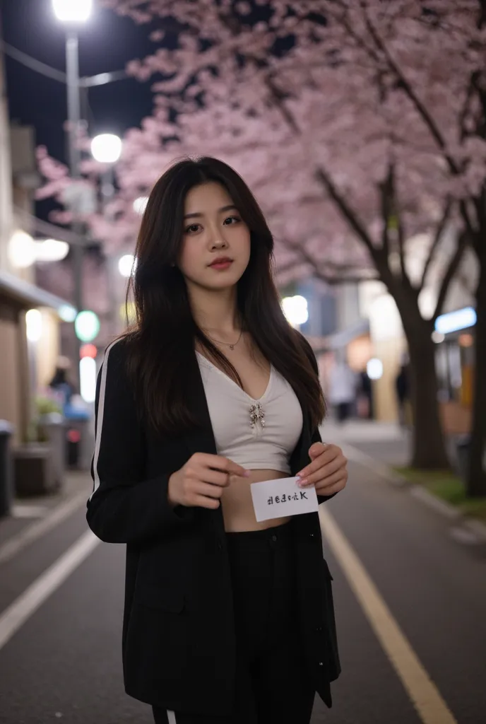 Close-up, beautiful Korean girl, slightly chubby. Big  breasts and big ass,Night  street in japan village ,chery blossom trees ,wearing black and white clothes, in his hand was a piece of paper that said 'dedik k'