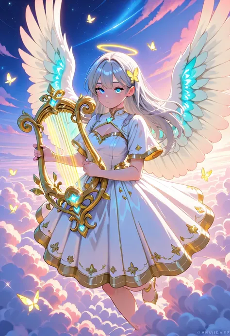 "AnimeArtsDreamy, a cute angel girl with soft feathery wings, playing a golden harp while floating among the clouds. She has long, wavy silver hair and bright blue eyes, wearing a flowy white dress with golden accents. Tiny glowing butterflies flutter arou...