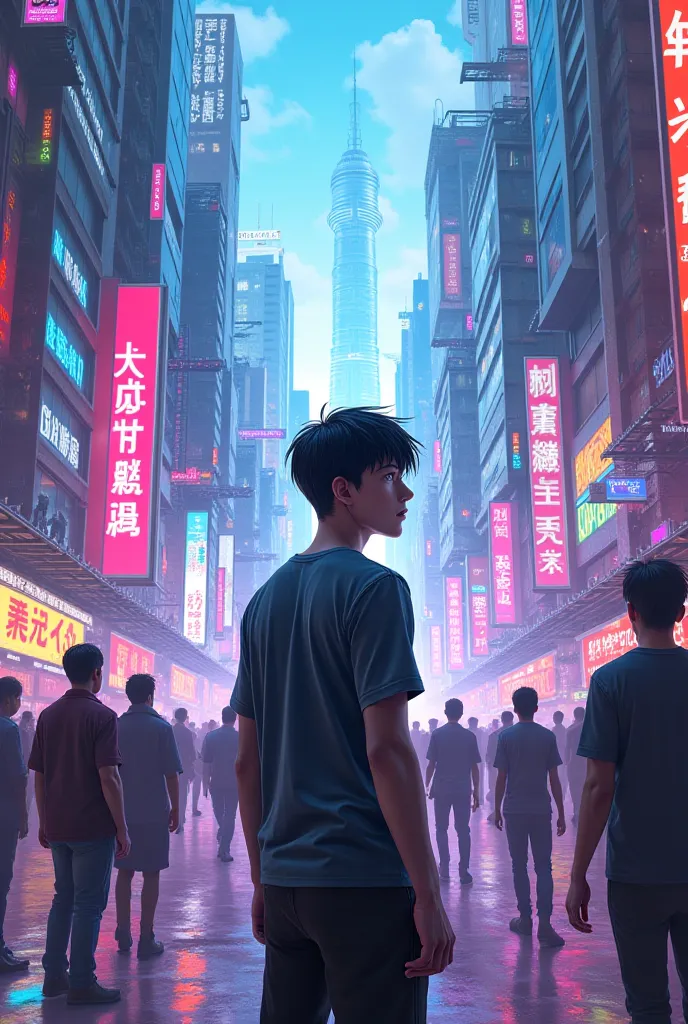 A street in a modern world with an aura around people and a young man with black hair in the middle 