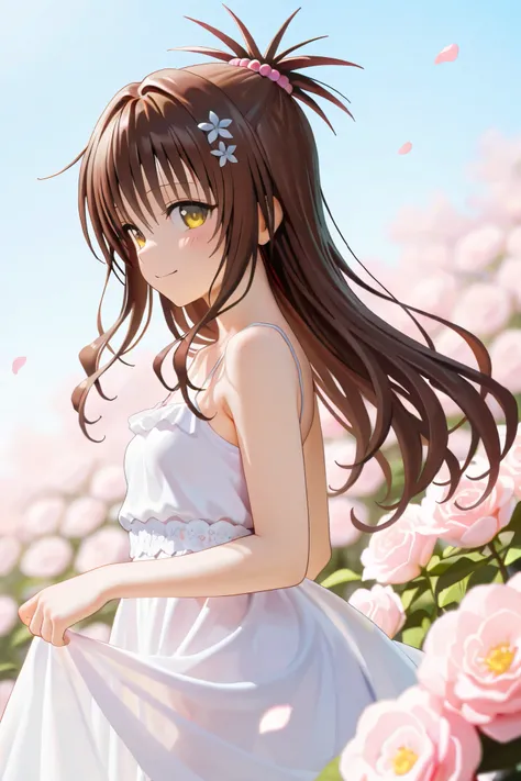 NSFW,masterpiece,Best Quality,Hi-Res,very detailed,Yuuki Mikan\(ToLOVEru),brown hair、long hair、yellow eyes、hair ornaments close to the garden、Hair ties