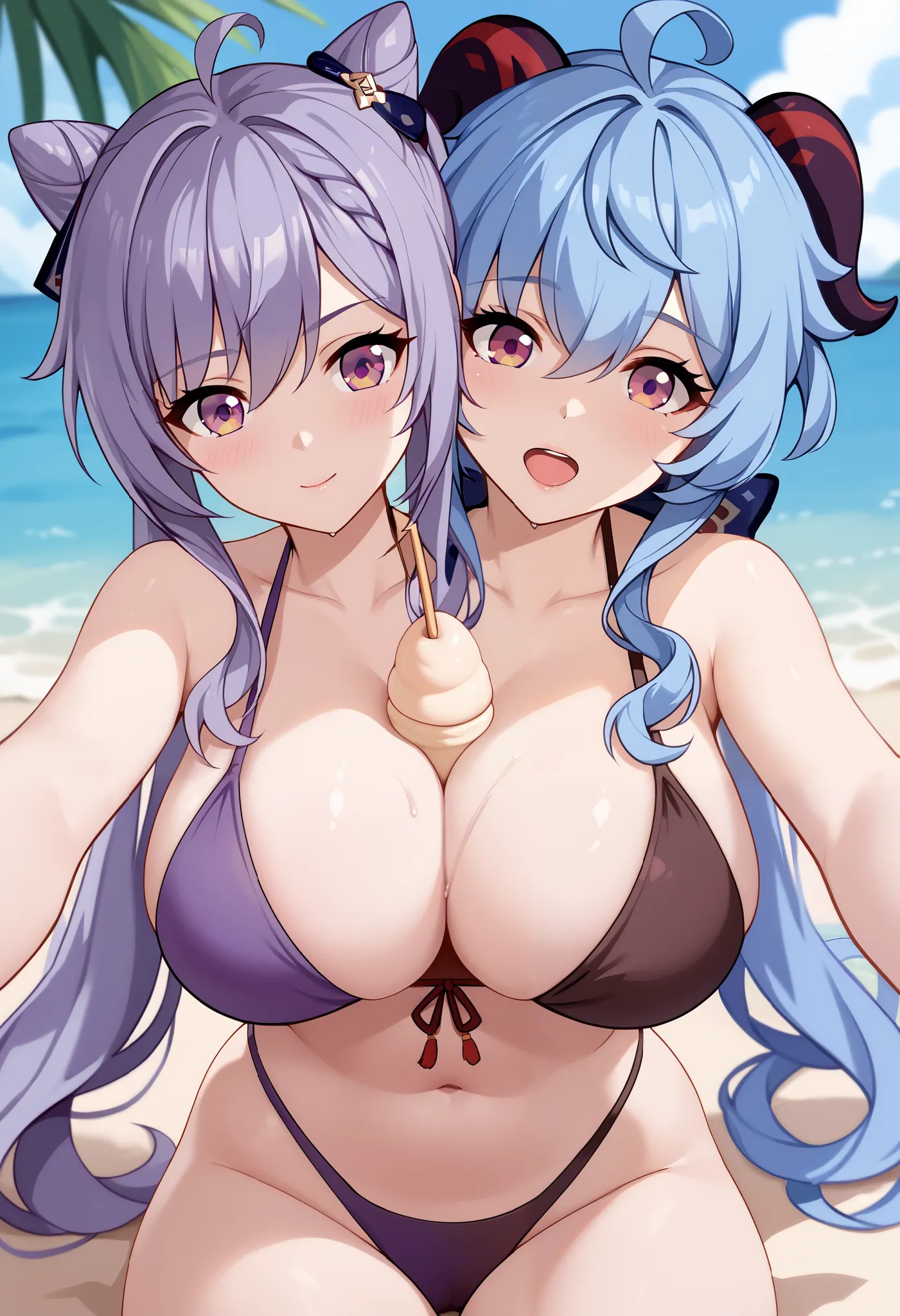 2heads, twoheads, a tall thin woman with 2 heads, conjoined, 2girls, ganyu, blue hair, ahoge, purple eyes, goat horns, keqing, purple eyes, purple hair, long hair, twintails, cone hair bun, double bun, front shots, beach, bikini, large breasts,