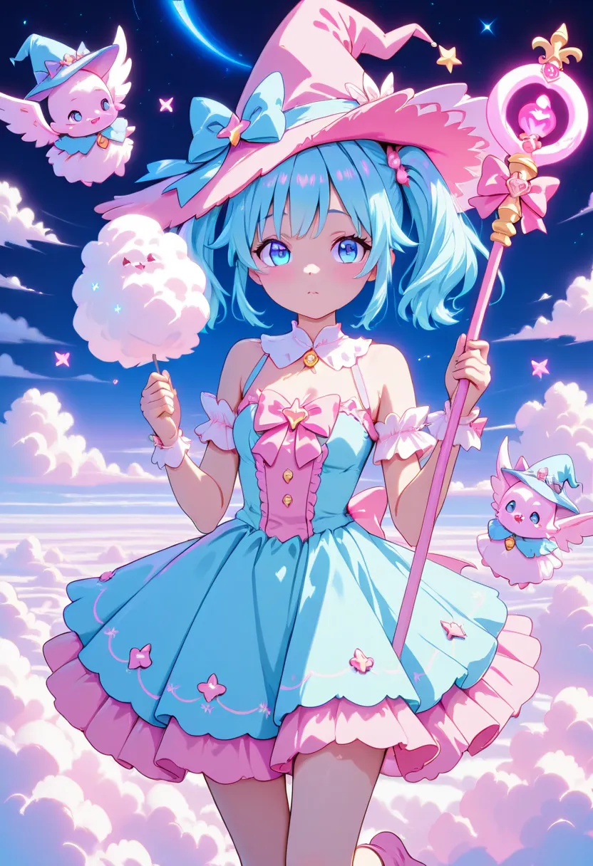 "AnimeArtsDreamy, an adorable candy witch with pink twin-tails, wearing a frilly pastel dress and a candy-themed witch hat. She holds a glowing lollipop staff, surrounded by floating sweets and tiny magical sugar sparkles. The background is a dreamy candy ...