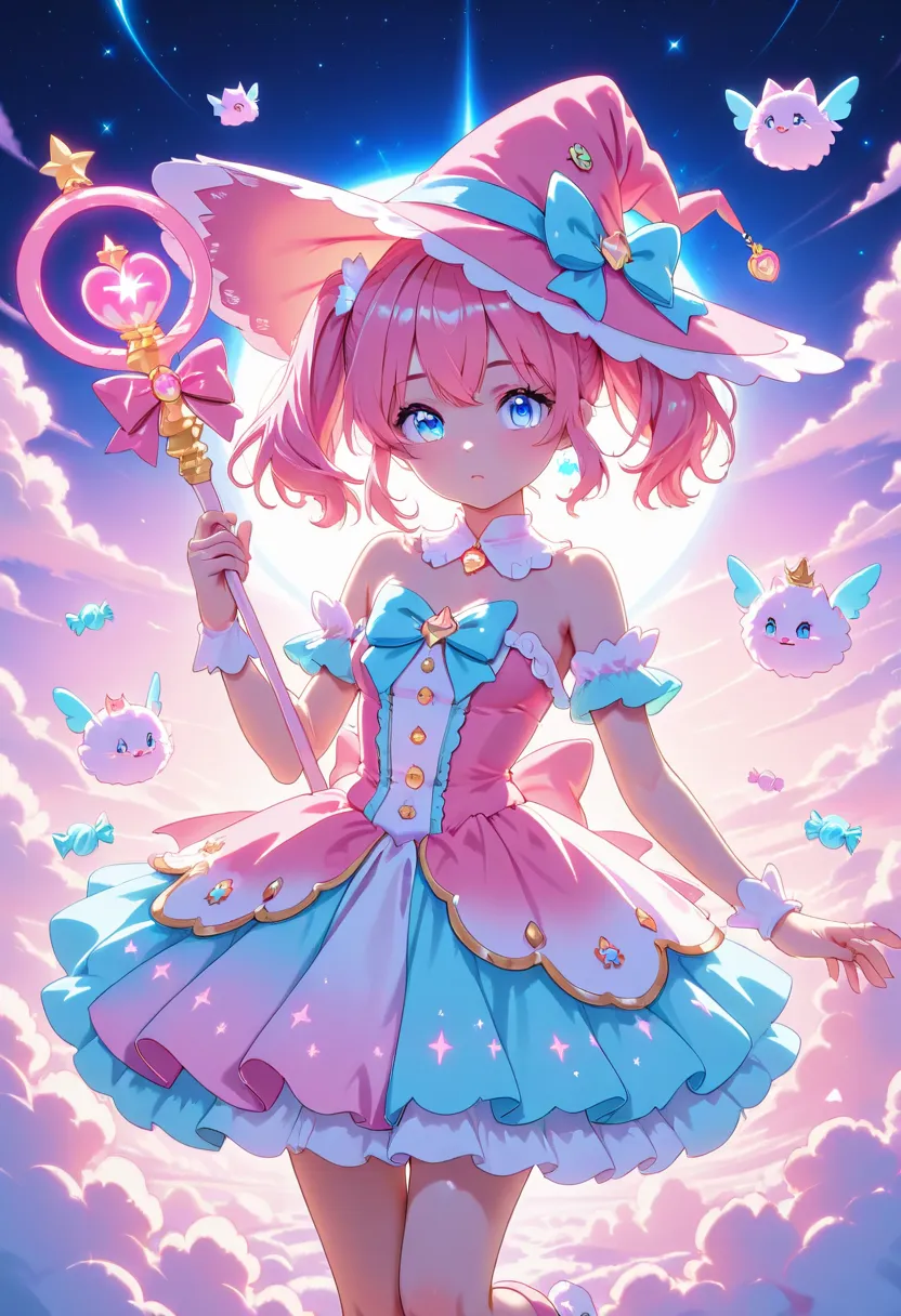 "AnimeArtsDreamy, an adorable candy witch with pink twin-tails, wearing a frilly pastel dress and a candy-themed witch hat. She holds a glowing lollipop staff, surrounded by floating sweets and tiny magical sugar sparkles. The background is a dreamy candy ...