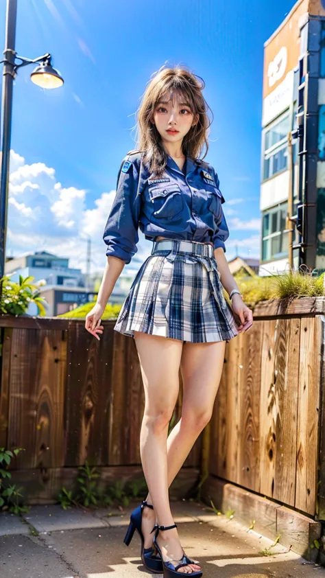 beautiful Japanese woman, 22 years old, perfect anatomy, healthy thighs, beautiful legs, beautiful skin, random hair color, random hairstyle, large breasts, female police officer, (Japanese police uniform:1.3), (miniskirt:1.3), (she is standing:1.2), full ...