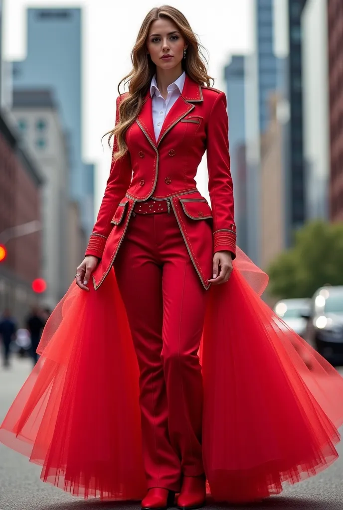 Create a firefighter suit with a red tulle skirt