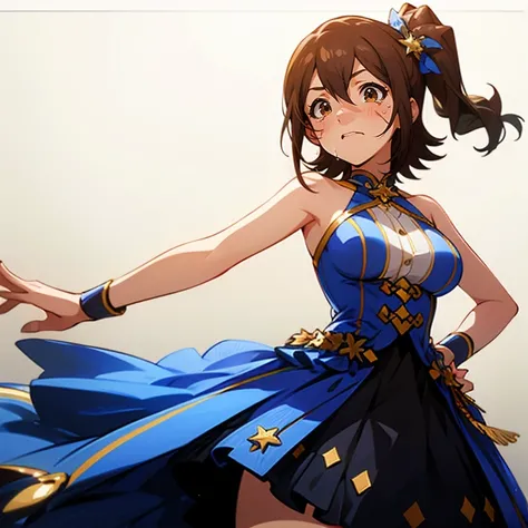 ((((One girl is Prettyidol Dress as idolmaster)))), ((gigantic breasts)), ()), ((())), (((bare shoulder,))), ((slender:1.2)), (gigantic hips), (gigantic buttocks), ((())), (((()))), (((View from below the body))), BREAK (beautiful shiny brown hair and hair...