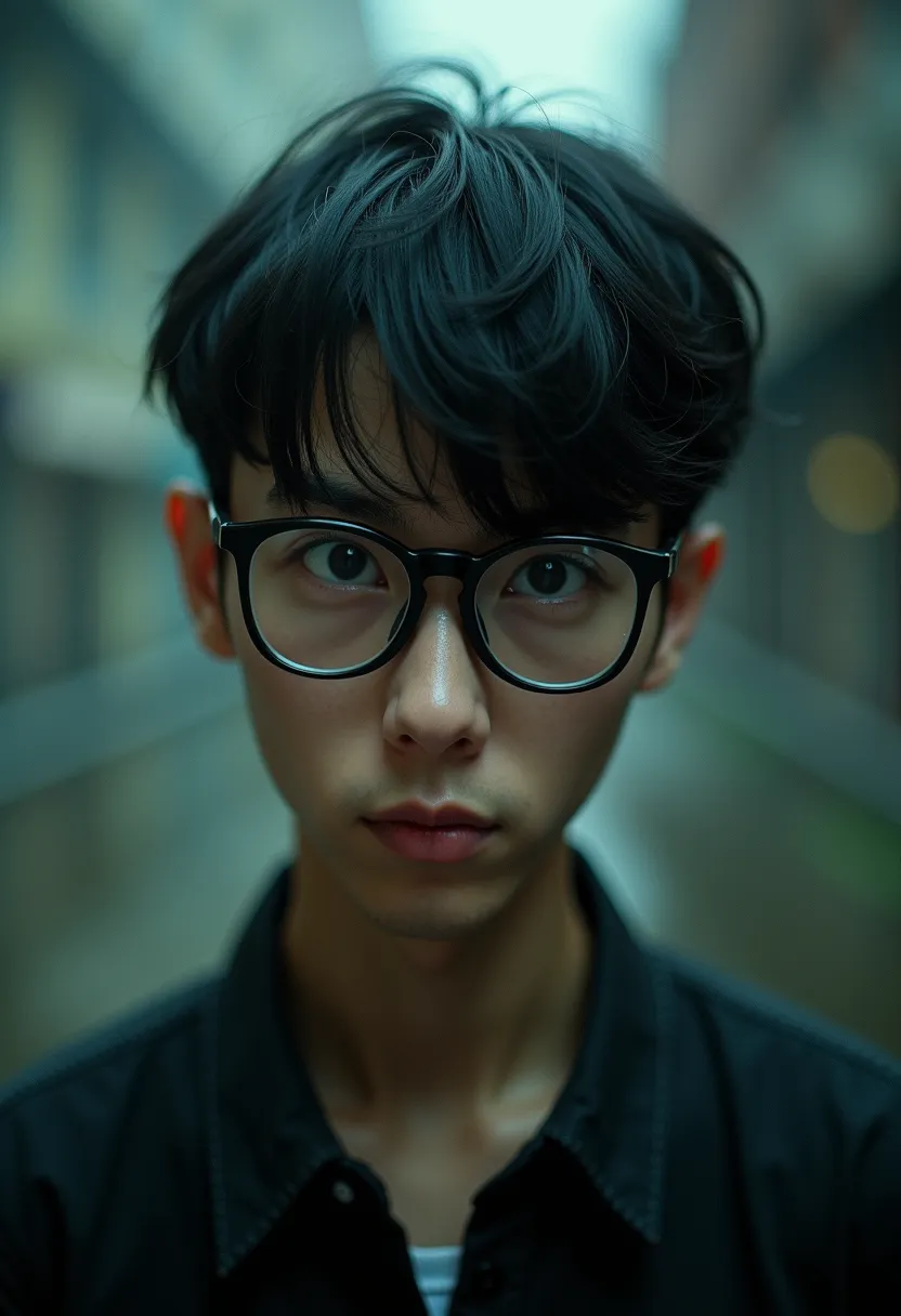 Young man with glasses with a hypnotized expression、black hair short hair、160 cm、50 kg 。Photographer Artwork、high quality、realistic、4K.real photo。