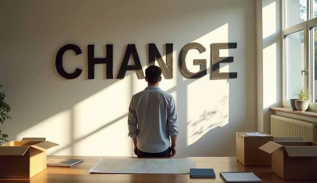 The word 'CHANGE' written in large, impactful letters on a white textured wall, with a 25-35 year old person standing contemplating. Half of the person's face is in shadow (representing fear, hesitation) and half in natural golden light (representing hope,...