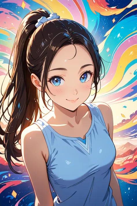 Dark Brown Hair　 blue eyes　　anime　comics　　　One person　perfect fingers　Perfect Anatomy　　　 　ponytail　　　　ribbons　Best　Forehead　　　　　smile　　　SMALLE BREASTS   　