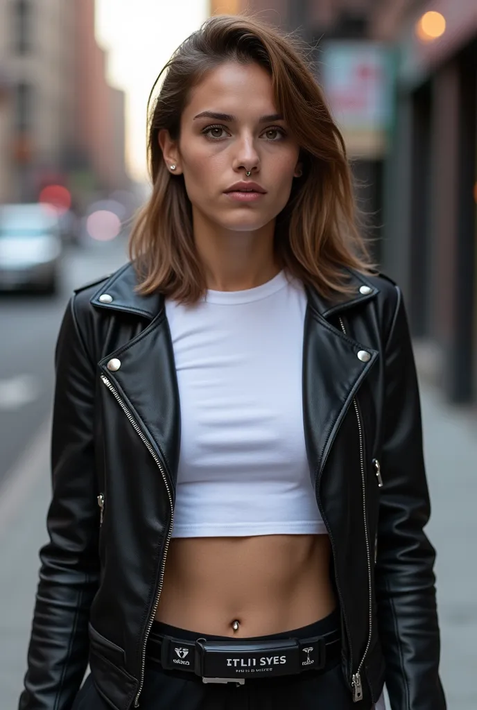 A highly detailed photo of a woman around 30 years old. She is wearing a black leather jacket, a crop white shirt, abs visible, and an Adidas nylon sweatpants. Has a MMPR Power Morpher attached on sweatpants belt. Has nose piercing. She stands at a 3/4 ang...