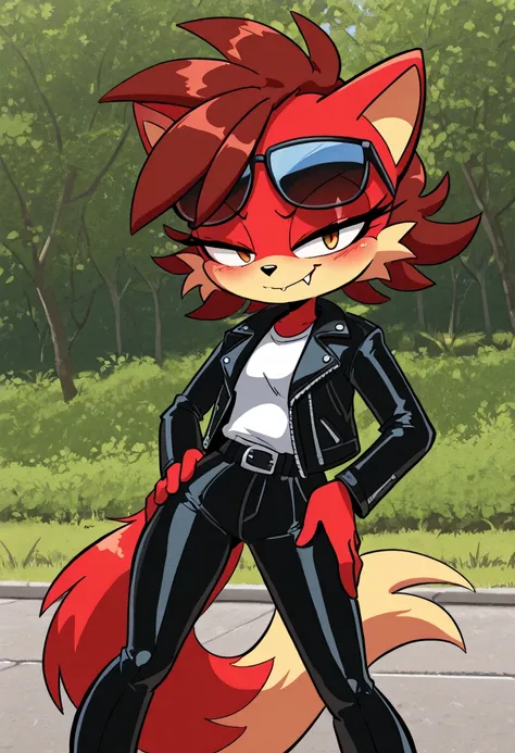 (masterpiece, best quality, very aesthetic, absurdres, shaded) 1girl, female, Fiona the Fox_illust, anthro, furry, animal ears, smirk, fangs,  sunglasses, black leather jacket, white shirt, black pants, cute face, blush, outdoors, by diives