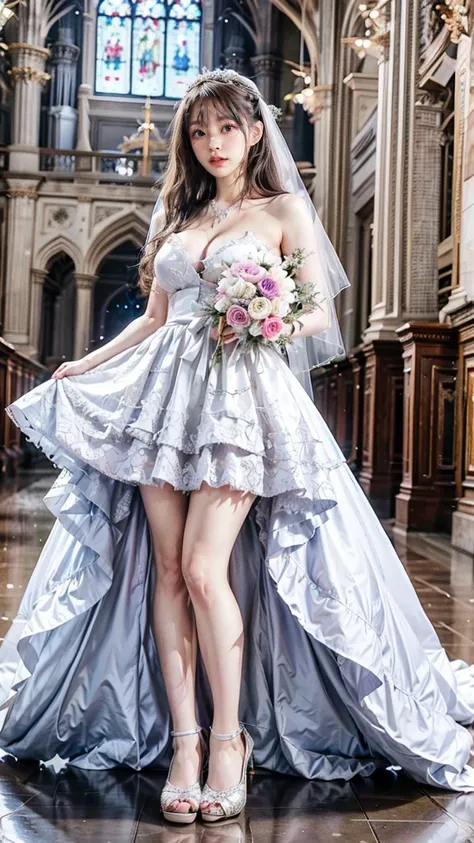 A beautiful young Japanese woman, 26 years old, with healthy thighs, beautiful legs, flawless skin, random hair color and style, large breasts, wearing a (wedding dress:1.3), (she is standing:1.2), full body shot, high heels, holding a bouquet in her hands...