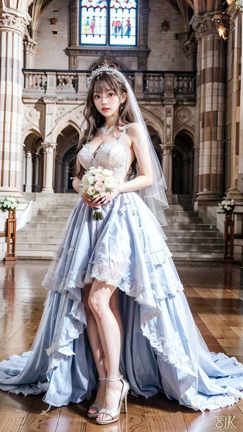 A beautiful young Japanese woman, 26 years old, with healthy thighs, beautiful legs, flawless skin, random hair color and style, large breasts, wearing a (wedding dress:1.3), (she is standing:1.2), full body shot, high heels, holding a bouquet in her hands...