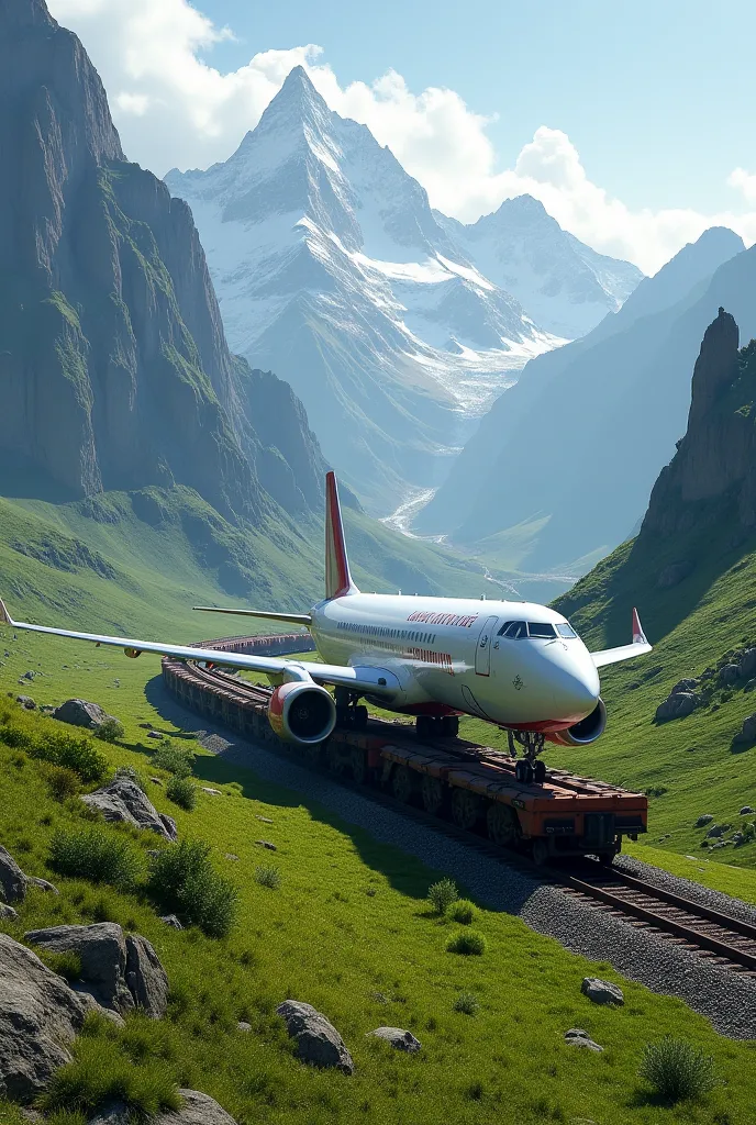 train carrying a plane across a mountain with green vegetation