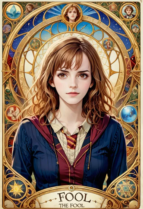 (absurdres, highres, ultra detailed), 1 Female, Brown hair, Brown eyes, Looking at the camera, Hermione Granger, Harry Potter, Finely detailed eyes and detailed face, the fool \tarot\, bard, clown, Symbolism, Visual art, Occult, Universal, Vision casting, ...