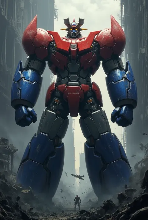 The Mazinger Z hero is 100 meters tall and rises more than 100 meters in a forward-leaning position, 100 meters ahead. Destroyed city rises 100 meters in combat position with arm stretched forward, blue forearm and fist separated from the body Fearsome Ste...