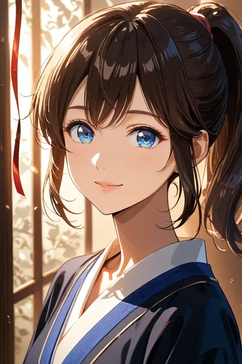 Dark Brown Hair　 blue eyes　　anime　comics　　　One person　perfect fingers　Perfect Anatomy　　　 　ponytail　　　　ribbons　Best　Patsun　　　　　smile　　　SMALLE BREASTS   　