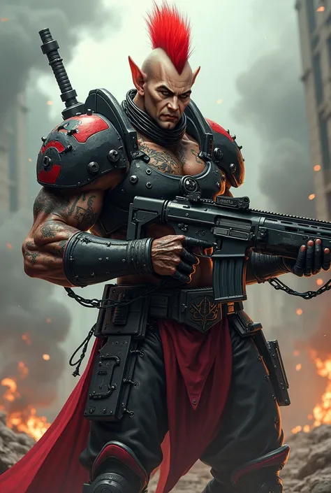  Best Quality, textured skin,Fine Details Skinhead Man,Hahaha,red mohawk cutter, Muscular Thick and Tough Body,Evil Jet Black and Crimson Full Body Machine Armor,earrings,Intimidating, blank stare,goblin,anime,Abnormal Collars,warrior maiden tattoo,pointed...