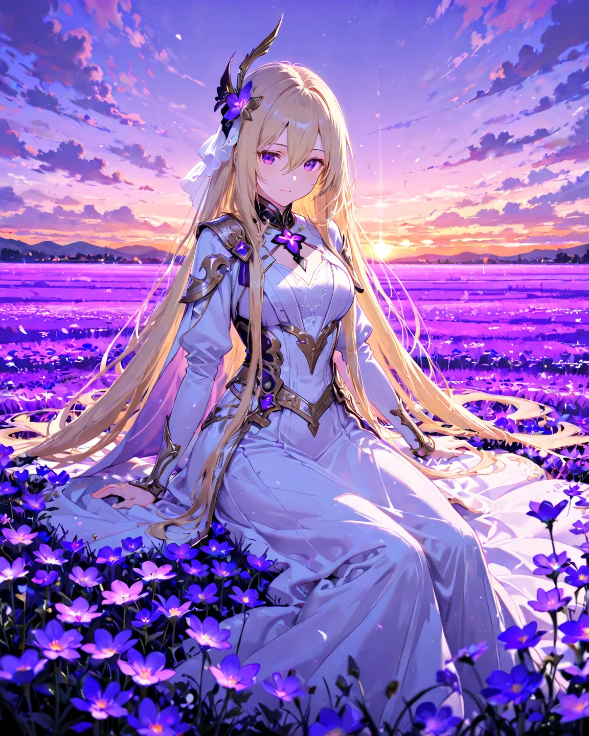 very long blonde hair, hair inbetween eyes, purple eyes, purple theme, detailed face, serene expression, elegant posture, sitting in meadow, purple flowers surrounding, sunset sky, cinematic lighting, fantasy landscape, 8K, HDR, vivid colors, 