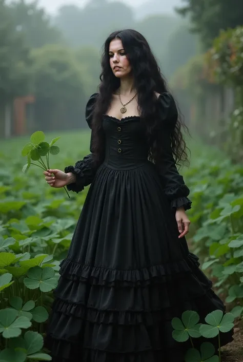 White Woman, black hair, greetings and wavy, black dress, ancient, of the period, black round skirt with black ruffles walking in a garden, four-leaf clover garden, woman holding a clover with four leaves in her hand, Dar Climate, mist