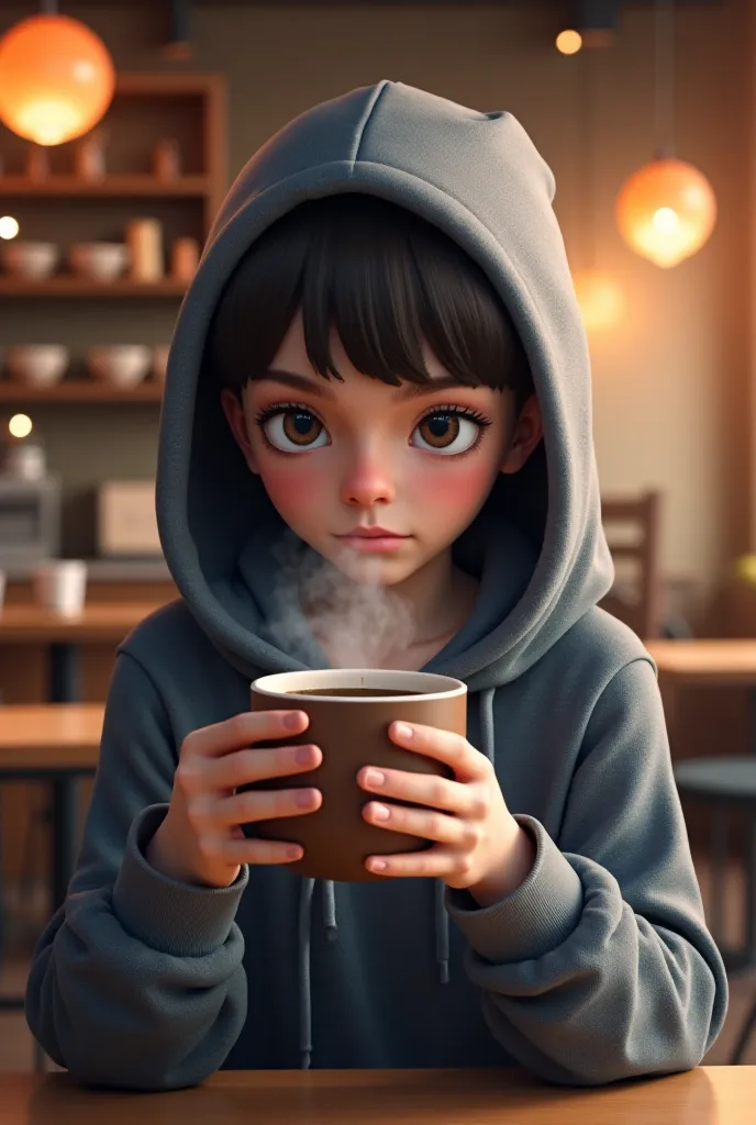 Hoodie shirt holding cup of coffee 