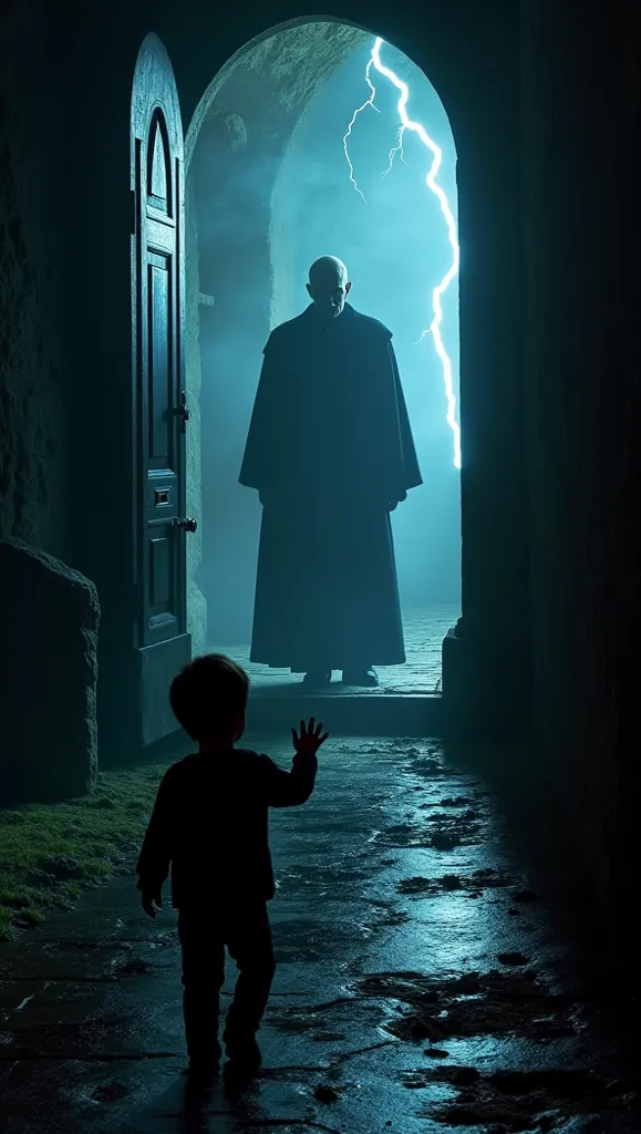 Create an 8K image in TikTok format from a first-person perspective. The scene depicts Voldemort entering the Potter's house in Godric's Hollow. The viewer is positioned as if they are inside the house, witnessing Voldemort approaching through the front do...