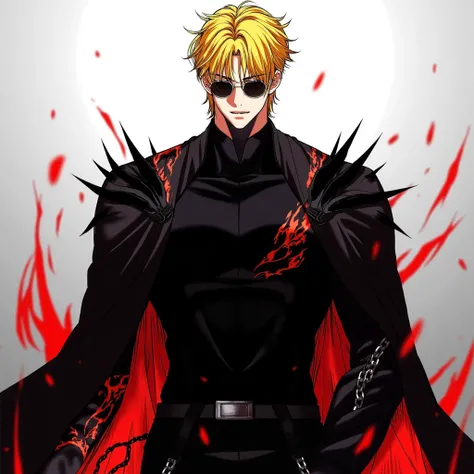 Inner scene "look" Manga with tall male character, athletic figure, messy hair, yellow hair, sharp angular facial features , Elegant tall male figure, Black shiny leather jacket with thorns on the shoulders with a fire pattern Dark clothing, Confident and ...