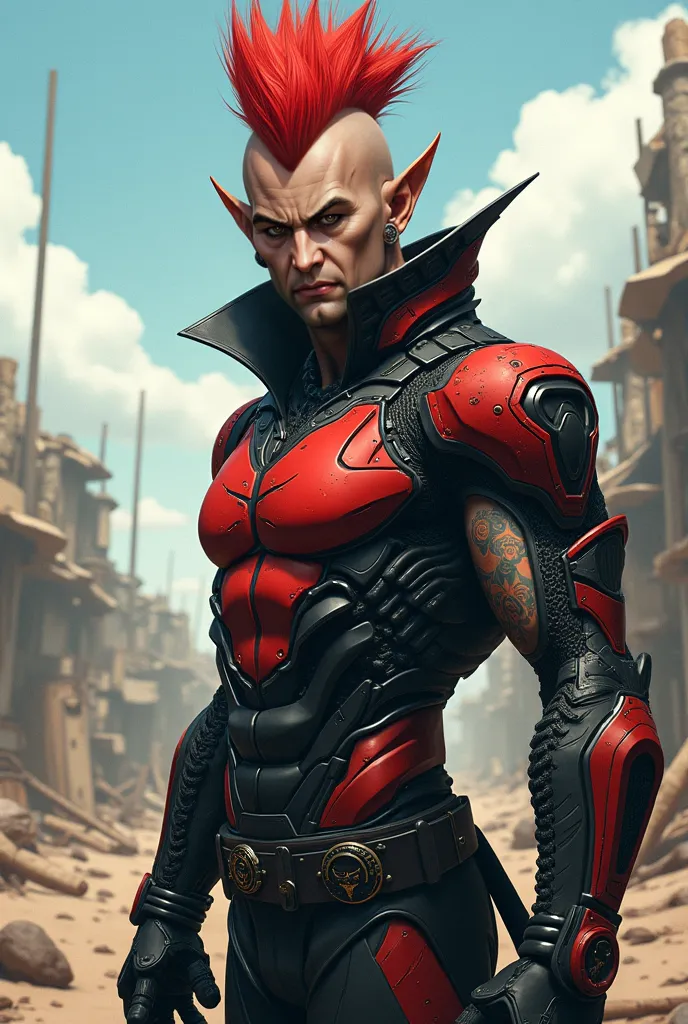  Best Quality, textured skin,Fine Details Skinhead Man,Hahaha,red mohawk cutter, Muscular Thick and Tough Body,Evil Jet Black and Crimson Full Body Machine Armor,earrings,Intimidating, blank stare,Full face mask imitating a goblin,anime,Abnormal Collars,wa...