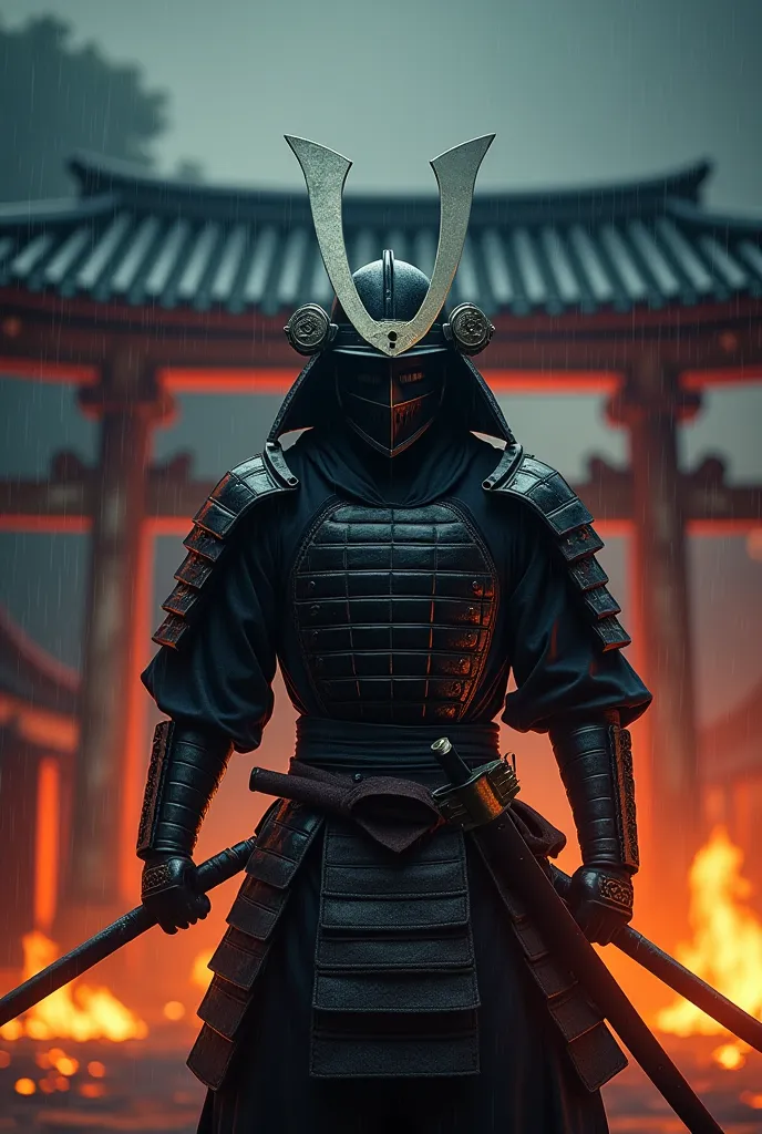 A horizontal banner of a video game samurai wearing a helmet on a rainy night in a burning temple with a fire katana 